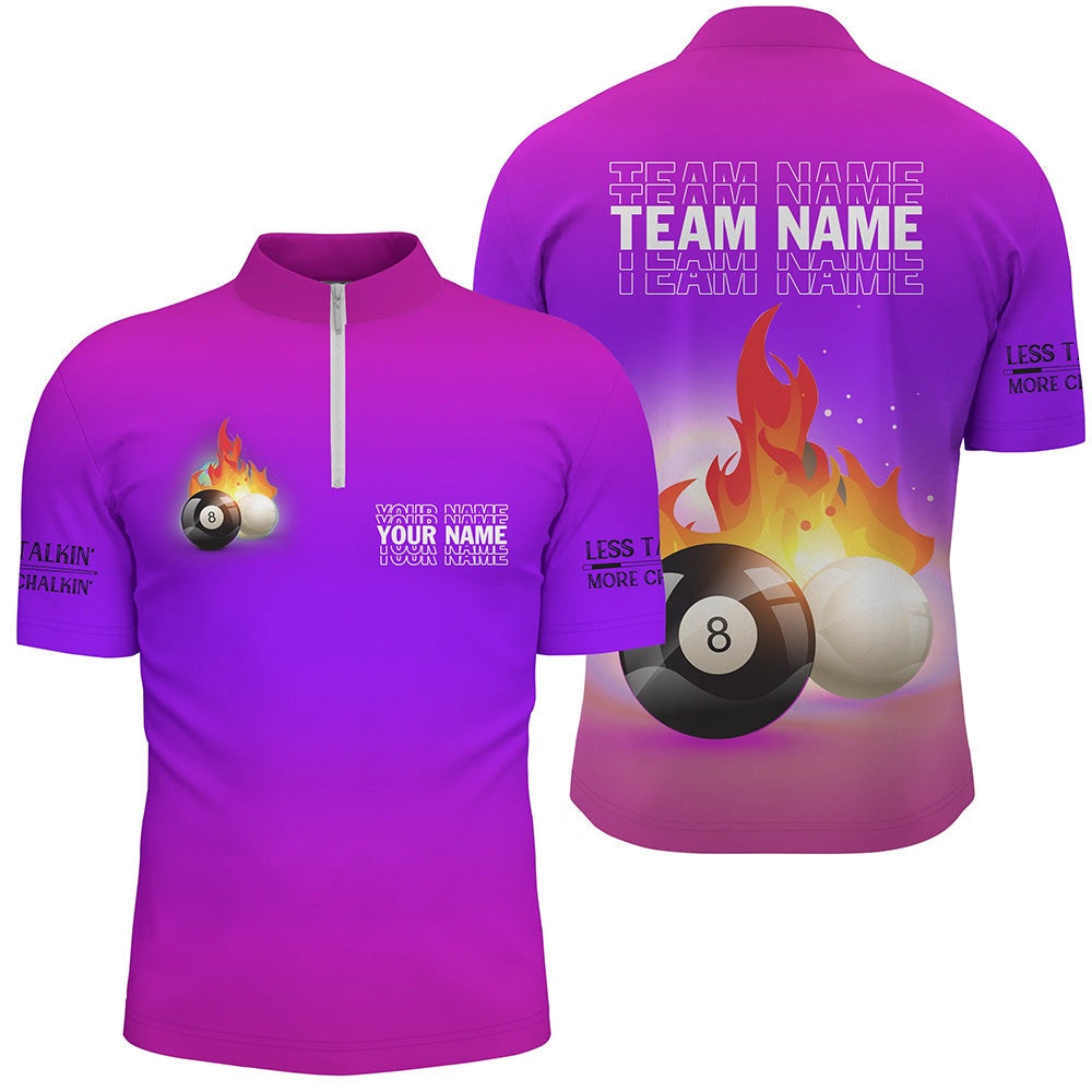 Billiard Polo Shirts, Personalized 8 Ball And Cue Ball Pool Purple 3D Polo Shirts, Custom Name Billiard Jerseys, Billiards Team Shirts