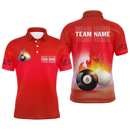 Billiard Polo Shirts, Personalized 8 Ball And Cue Ball Pool Red 3D Polo Shirts, Custom Name Billiard Jerseys, Billiards Team Shirts
