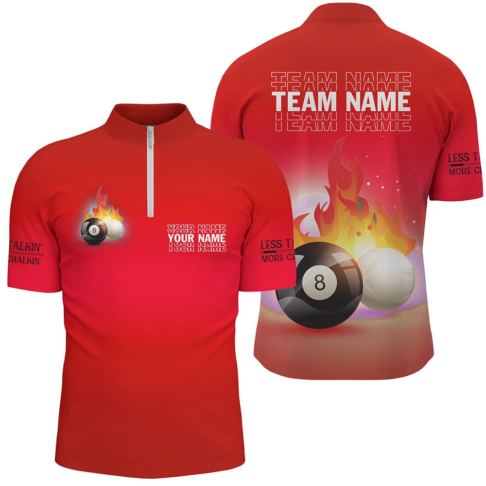 Billiard Polo Shirts, Personalized 8 Ball And Cue Ball Pool Red 3D Polo Shirts, Custom Name Billiard Jerseys, Billiards Team Shirts