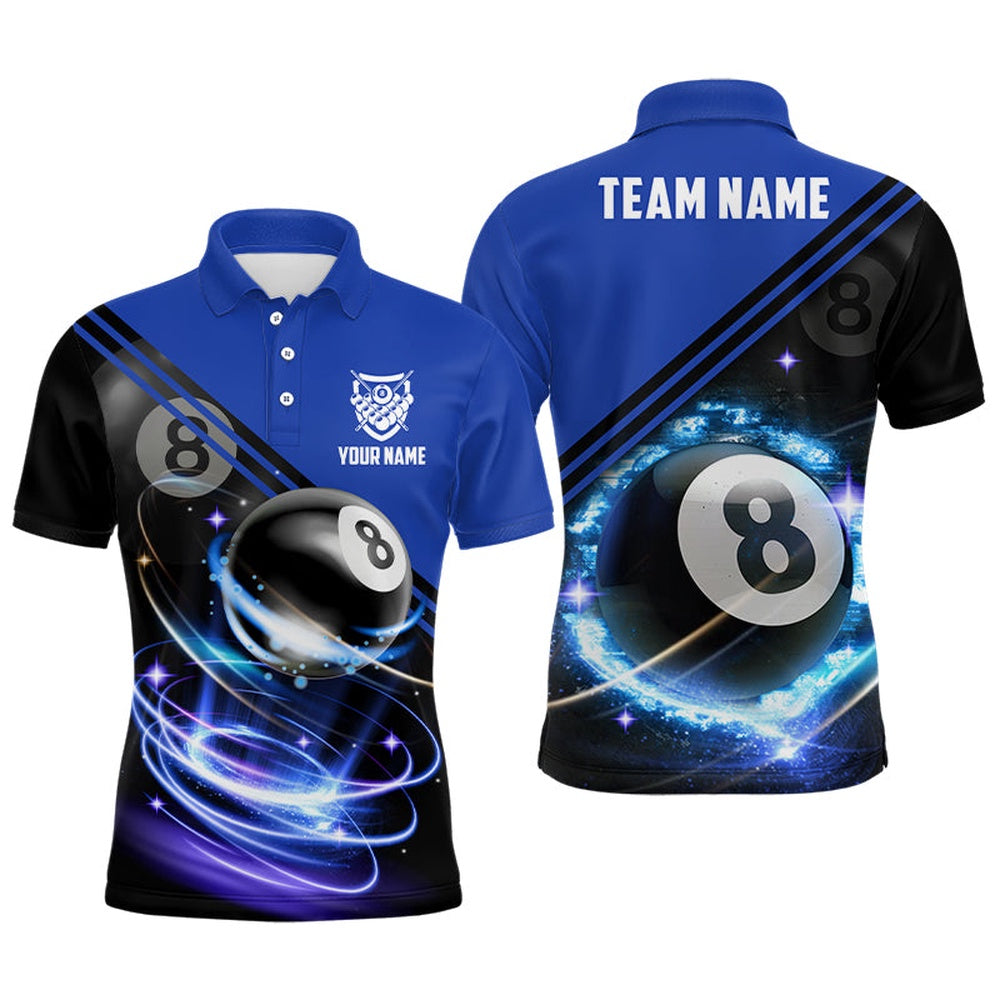 Billiard Polo Shirts, Personalized 8 Ball Billiard Blue 3D Polo Shirts, Custom 8 Ball Pool Billiard Jerseys, Billiards Team Shirts