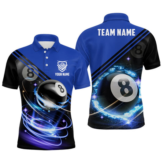 Billiard Polo Shirts, Personalized 8 Ball Billiard Blue 3D Polo Shirts, Custom 8 Ball Pool Billiard Jerseys, Billiards Team Shirts