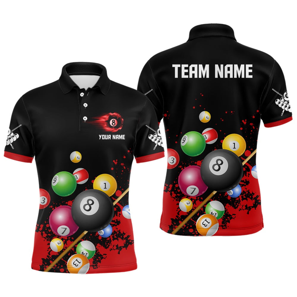 Billiard Polo Shirts, Personalized 8 Ball Billiard Red 3D Polo Shirts, Custom Name Billiard Pool Team Jerseys, Billiards Team Shirts