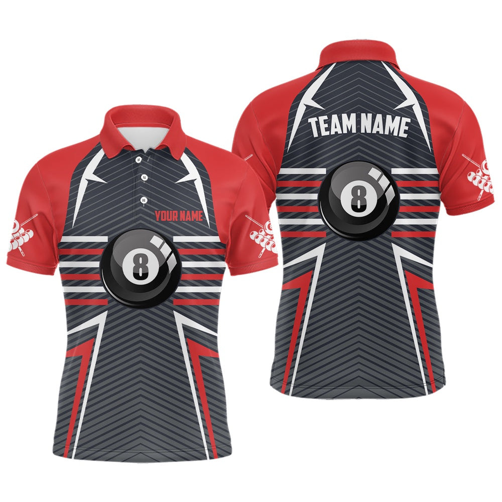 Billiard Polo Shirts, Personalized 8 Ball Billiards Red Grey Polo Shirts, Custom Name Pool Billiard Jerseys, Billiards Team Shirts