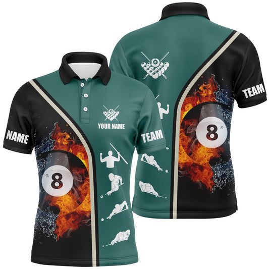 Billiard Polo Shirts, Personalized 8 Ball Fire Flame Billiard Green Black 3D Polo Shirts, Custom Billiards Jerseys, Billiards Team Shirts