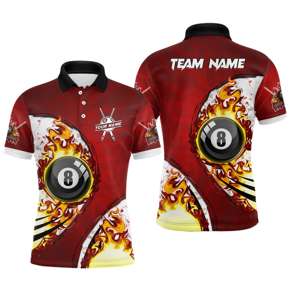 Billiard Polo Shirts, Personalized 8 Ball Fire Pool Billiards Polo Shirts Custom Billiard Team Name Unisex Shirts, Billiards Team Shirts
