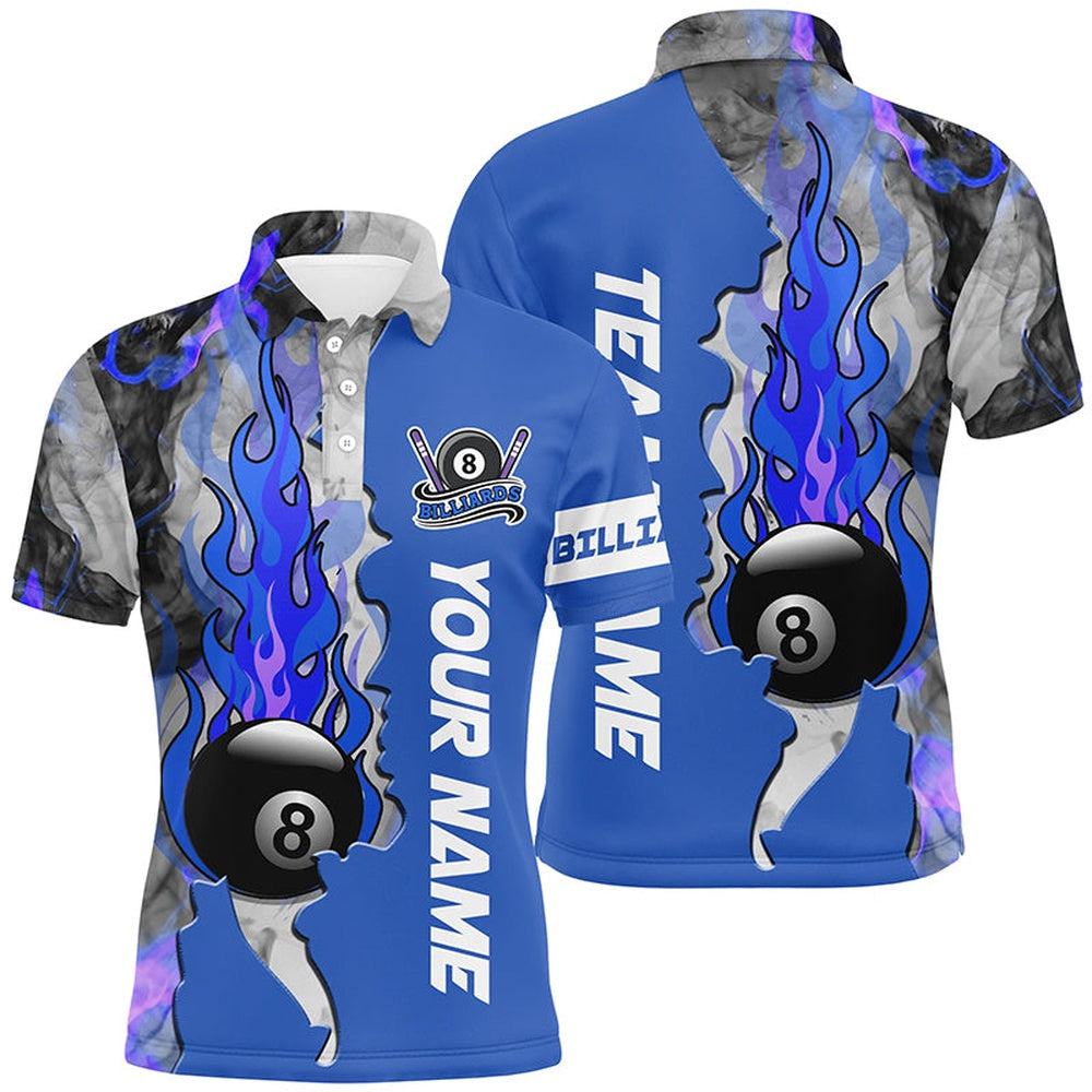 Billiard Polo Shirts, Personalized 8 Ball Fire Smoke Billiard 'S Shirts Blue Version Custom Pool Team Polo Shirts, Billiards Team Shirts