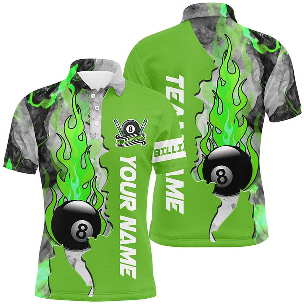 Billiard Polo Shirts, Personalized 8 Ball Fire Smoke Billiard 'S Shirts Green Version Custom Pool Team Polo Shirts, Billiards Team Shirts