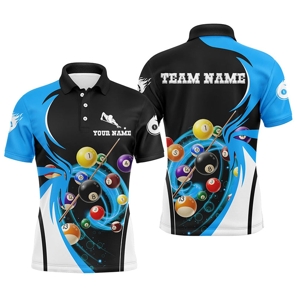 Billiard Polo Shirts, Personalized 8 Ball Flame Billiard Player Blue 3D Polo Shirts, Custom Billiards Jerseys, Billiards Team Shirts