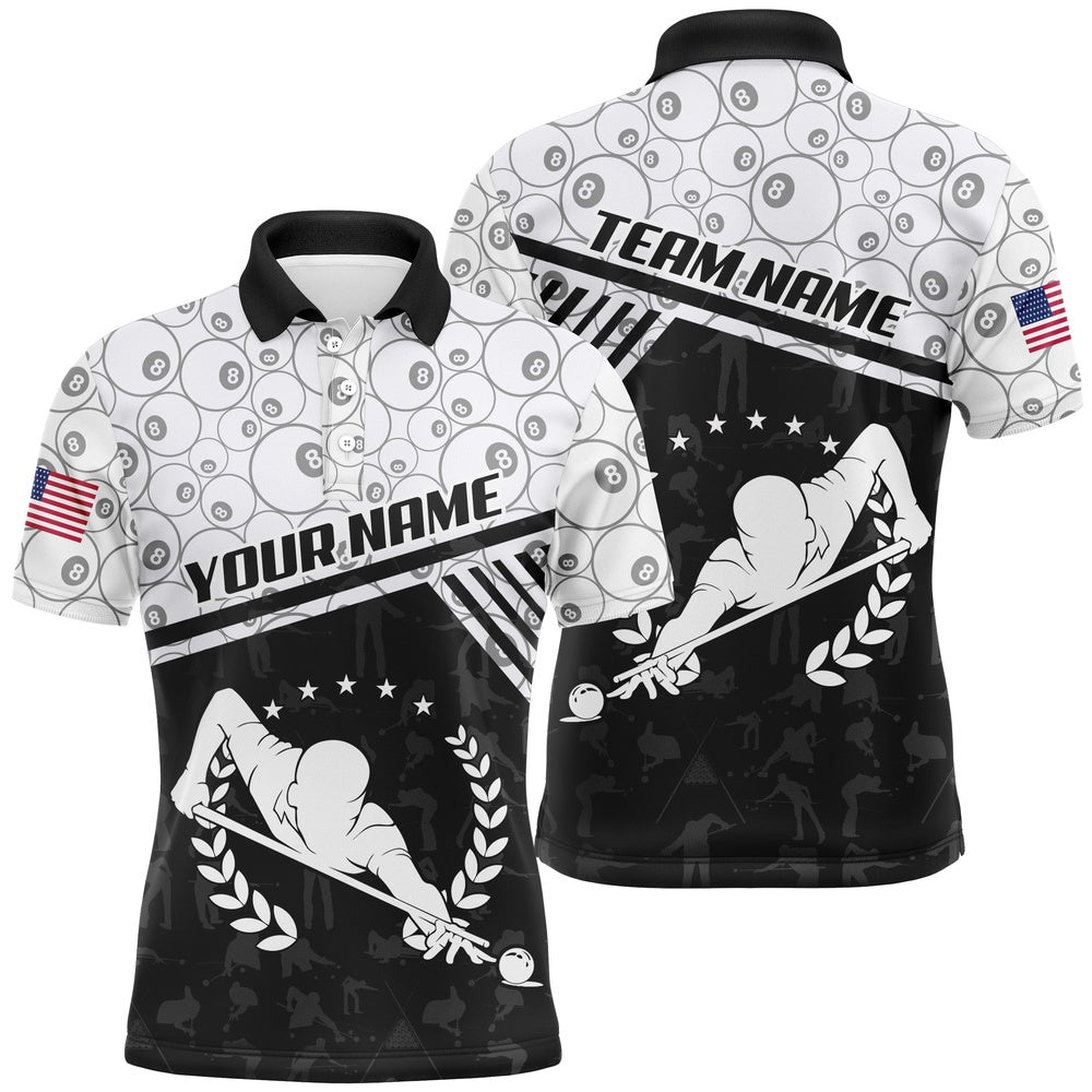Billiard Polo Shirts, Personalized 8 Ball Pattern Billiard Polo Shirts, Custom Pool Player US Flag Billiard Jerseys, Billiards Team Shirts