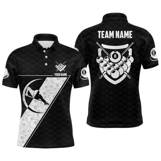 Billiard Polo Shirts, Personalized 8 Ball Pattern Billiard White Black Polo Shirts, Custom Pool Player Jerseys, Billiards Team Shirts