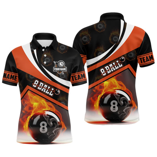 Billiard Polo Shirts, Personalized 8 Ball Pattern Flame Billiard Orange 3D Polo Shirts, Custom Billiards Jerseys, Billiards Team Shirts