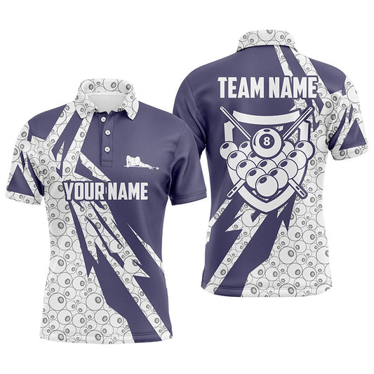 Billiard Polo Shirts, Personalized 8 Ball Pattern Purple White Billiard Polo Shirts, Custom Billiard Balls Shirts, Billiards Team Shirts