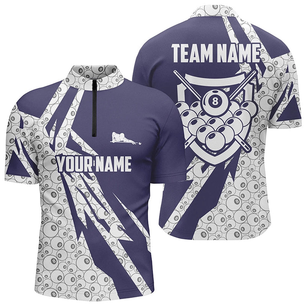 Billiard Polo Shirts, Personalized 8 Ball Pattern Purple White Billiard Polo Shirts, Custom Billiard Balls Shirts, Billiards Team Shirts