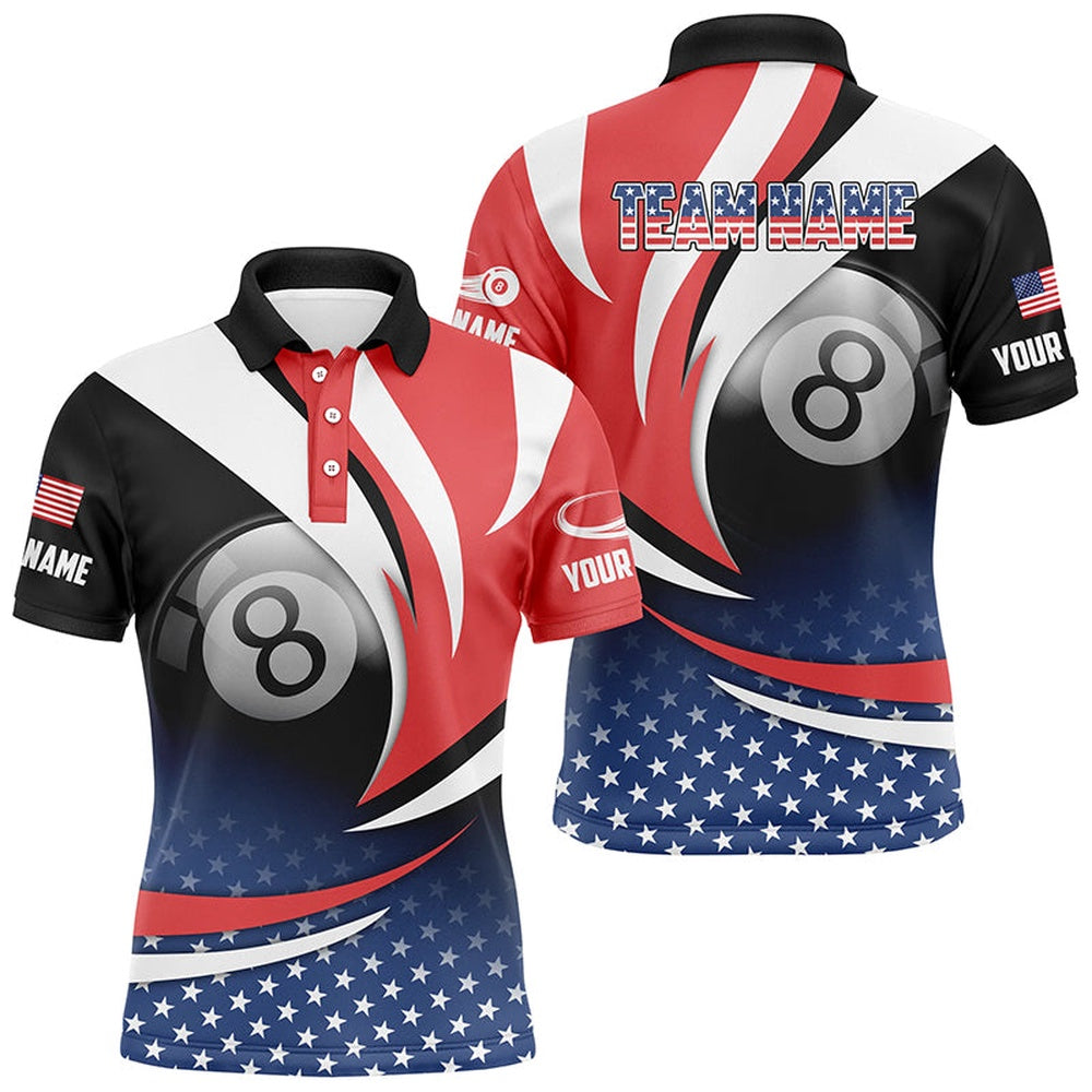 Billiard Polo Shirts, Personalized 8 Ball Pool American Flag Version Billiard Shirts, Patriotic Billiard Jerseys, Billiards Team Shirts