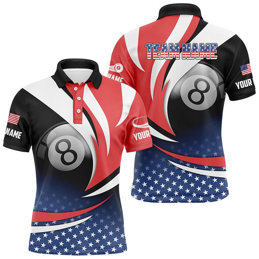 Billiard Polo Shirts, Personalized 8 Ball Pool American Flag Version Billiard Shirts, Patriotic Billiard Jerseys, Billiards Team Shirts
