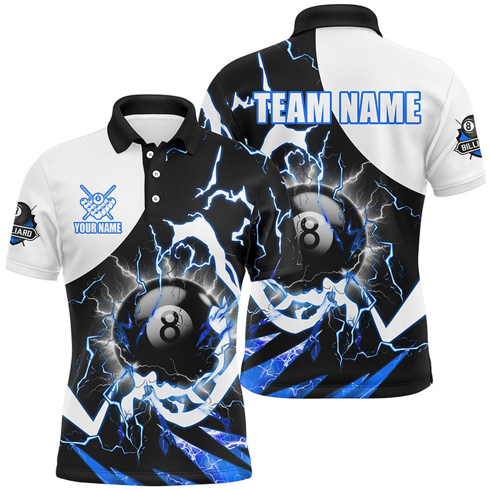 Billiard Polo Shirts, Personalized 8 Ball Pool Billiard Polo Shirt Custom Lightning Thunder Blue Billiard Team Jersey, Billiards Team Shirts