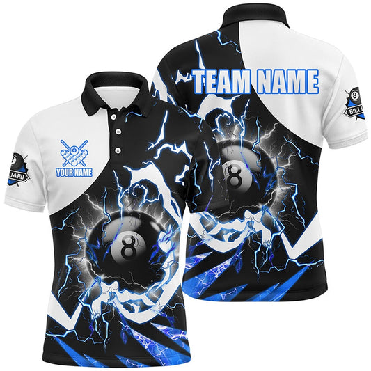 Billiard Polo Shirts, Personalized 8 Ball Pool Billiard Polo Shirt Custom Lightning Thunder Blue Billiard Team Jersey, Billiards Team Shirts
