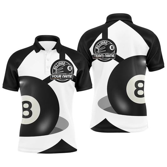 Billiard Polo Shirts, Personalized 8 Ball Pool Black White Billiard Polo Shirts, Custom Pool Billiards Jerseys, Billiards Team Shirts