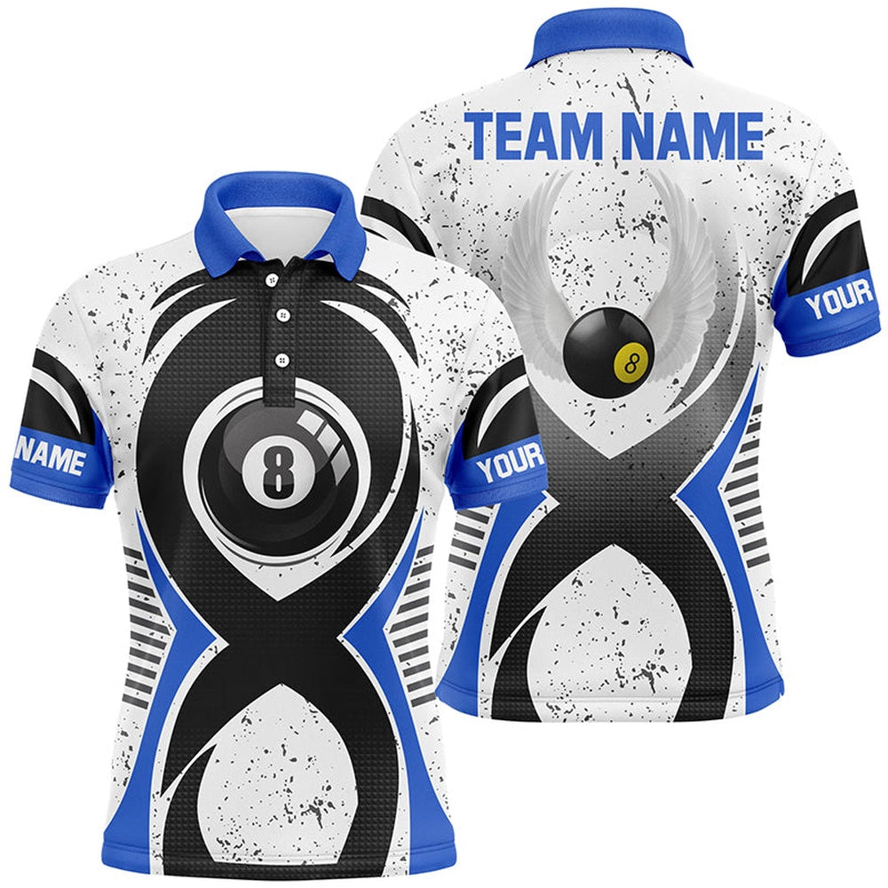 Billiard Polo Shirts, Personalized 8 Ball Pool Blue White Grunge Billiard Polo Shirts, Custom Billiards Jerseys, Billiards Team Shirts