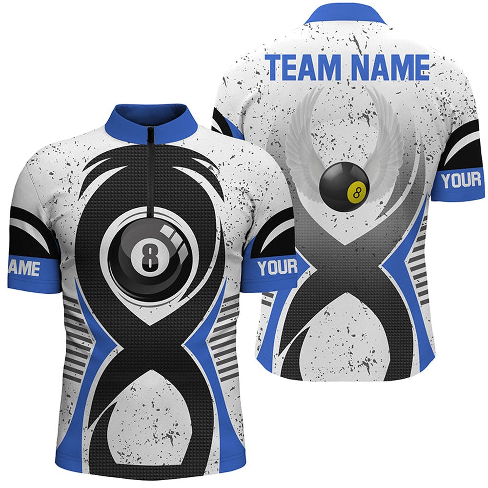 Billiard Polo Shirts, Personalized 8 Ball Pool Blue White Grunge Billiard Polo Shirts, Custom Billiards Jerseys, Billiards Team Shirts