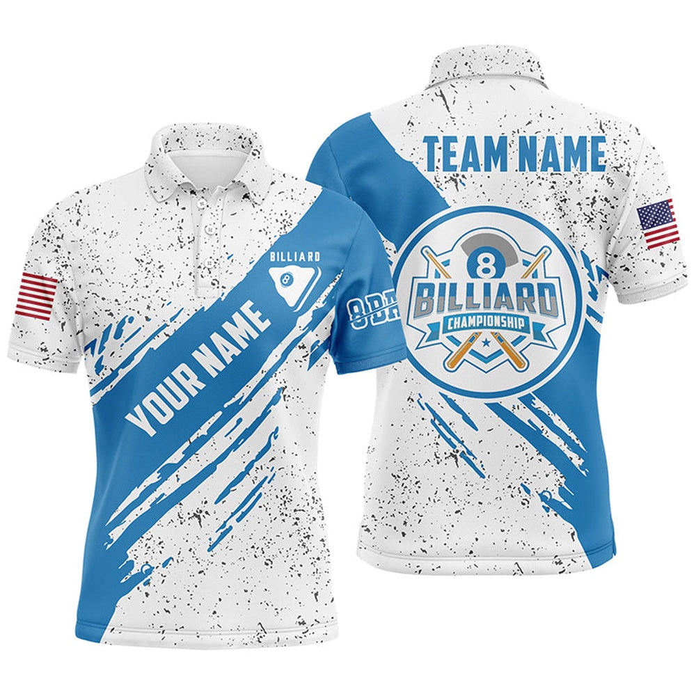 Billiard Polo Shirts, Personalized 8 Ball Pool Blue White Grunge Billiard Polo Shirts, US Flag Billiard Jerseys, Billiards Team Shirts