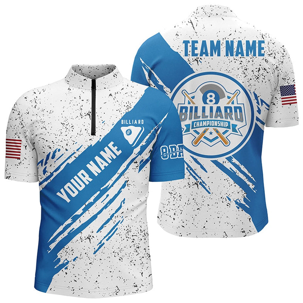 Billiard Polo Shirts, Personalized 8 Ball Pool Blue White Grunge Billiard Polo Shirts, US Flag Billiard Jerseys, Billiards Team Shirts