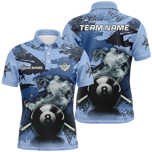 Billiard Polo Shirts, Personalized 8 Ball Pool & Cue Smoke Custom Blue Camo Polo Shirts, Billiard Snooker Outfits, Billiards Team Shirts
