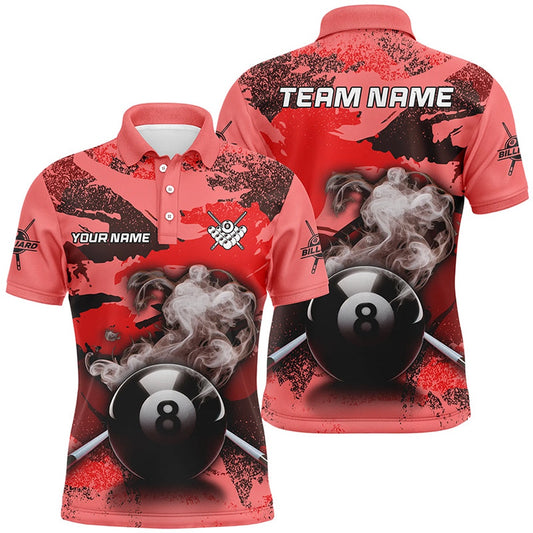 Billiard Polo Shirts, Personalized 8 Ball Pool & Cue Smoke Custom Red Camo Billiard Shirts, Billiard Snooker Outfits, Billiards Team Shirts