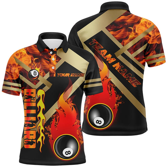 Billiard Polo Shirts, Personalized 8 Ball Pool Fire Flame 3D Printed Polo Shirts Custom Billiard Jersey Uniform, Billiards Team Shirts