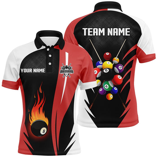 Billiard Polo Shirts, Personalized 8 Ball Pool Flame Billiard Polo Shirts Custom Billiard Team Uniform Shirts Red, Billiards Team Shirts
