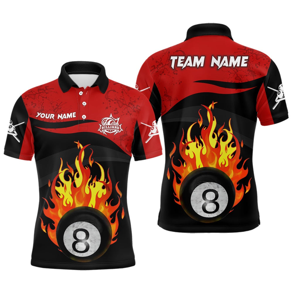 Billiard Polo Shirts, Personalized 8 Ball Pool Flame Black Red Billiard Polo Shirts Best Custom Billiard Team Shirts, Billiards Team Shirts