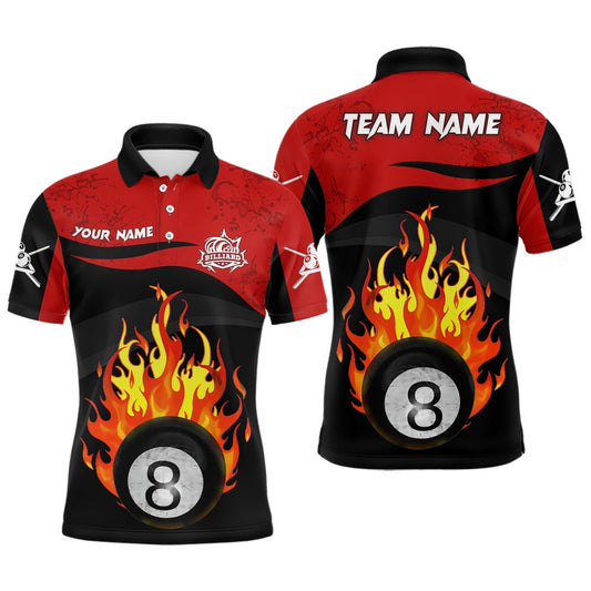 Billiard Polo Shirts, Personalized 8 Ball Pool Flame Black Red Billiard Polo Shirts Best Custom Billiard Team Shirts, Billiards Team Shirts