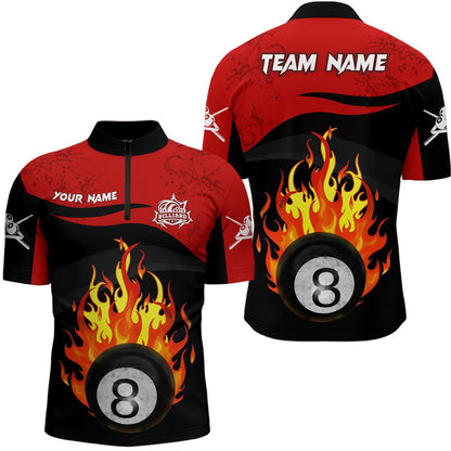Billiard Polo Shirts, Personalized 8 Ball Pool Flame Black Red Billiard Polo Shirts Best Custom Billiard Team Shirts, Billiards Team Shirts