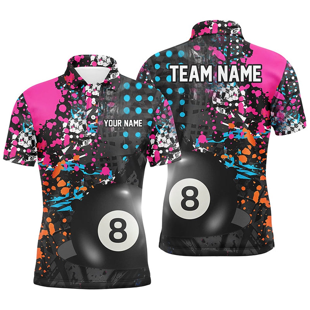 Billiard Polo Shirts, Personalized 8 Ball Pool Grunge Colorful Billiard Polo Shirts, Custom Billiards Pool Shirts, Billiards Team Shirts