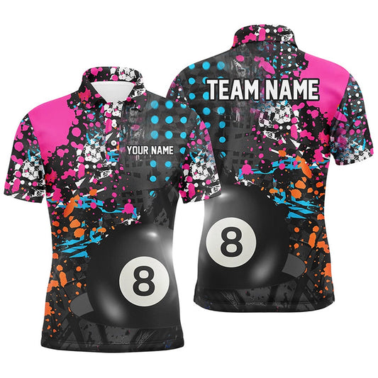 Billiard Polo Shirts, Personalized 8 Ball Pool Grunge Colorful Billiard Polo Shirts, Custom Billiards Pool Shirts, Billiards Team Shirts