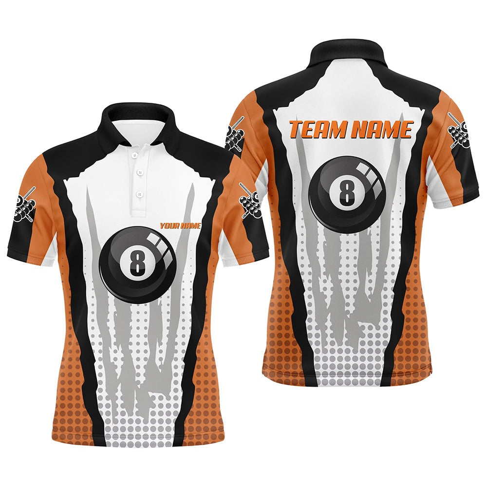 Billiard Polo Shirts, Personalized 8 Ball Pool Orange Billiard Polo Shirts, Custom Billiard Team Shirt, Billiards Team Shirts