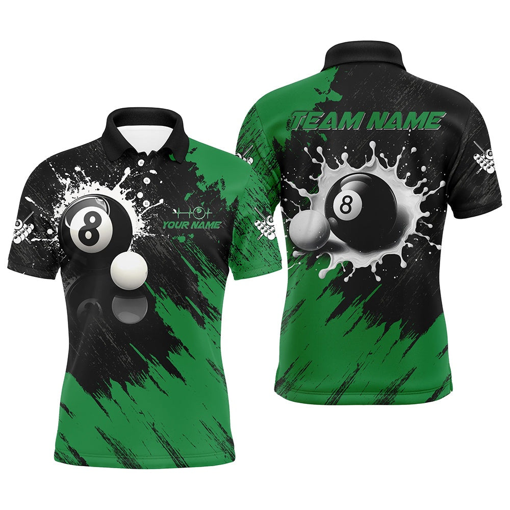 Billiard Polo Shirts, Personalized 8 Ball Pool Paint Splash Billiard Shirts, Unique Billiard Pool Jerseys Green, Billiards Team Shirts