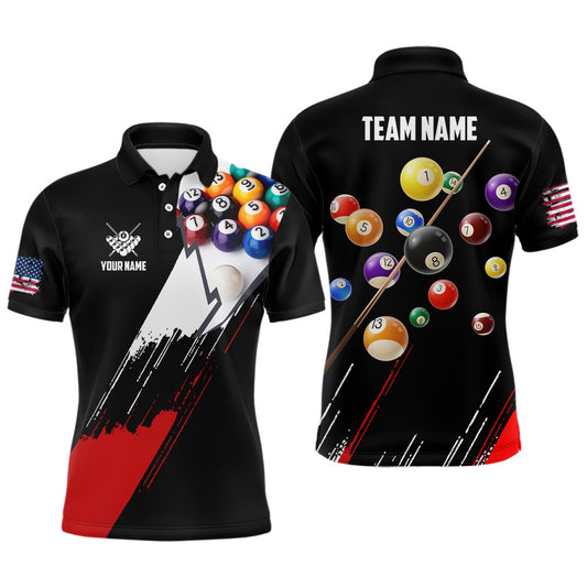 Billiard Polo Shirts, Personalized 8 Ball Pool Player Billiard Polo Shirts, Black Red US Flag Billiard Jerseys, Billiards Team Shirts