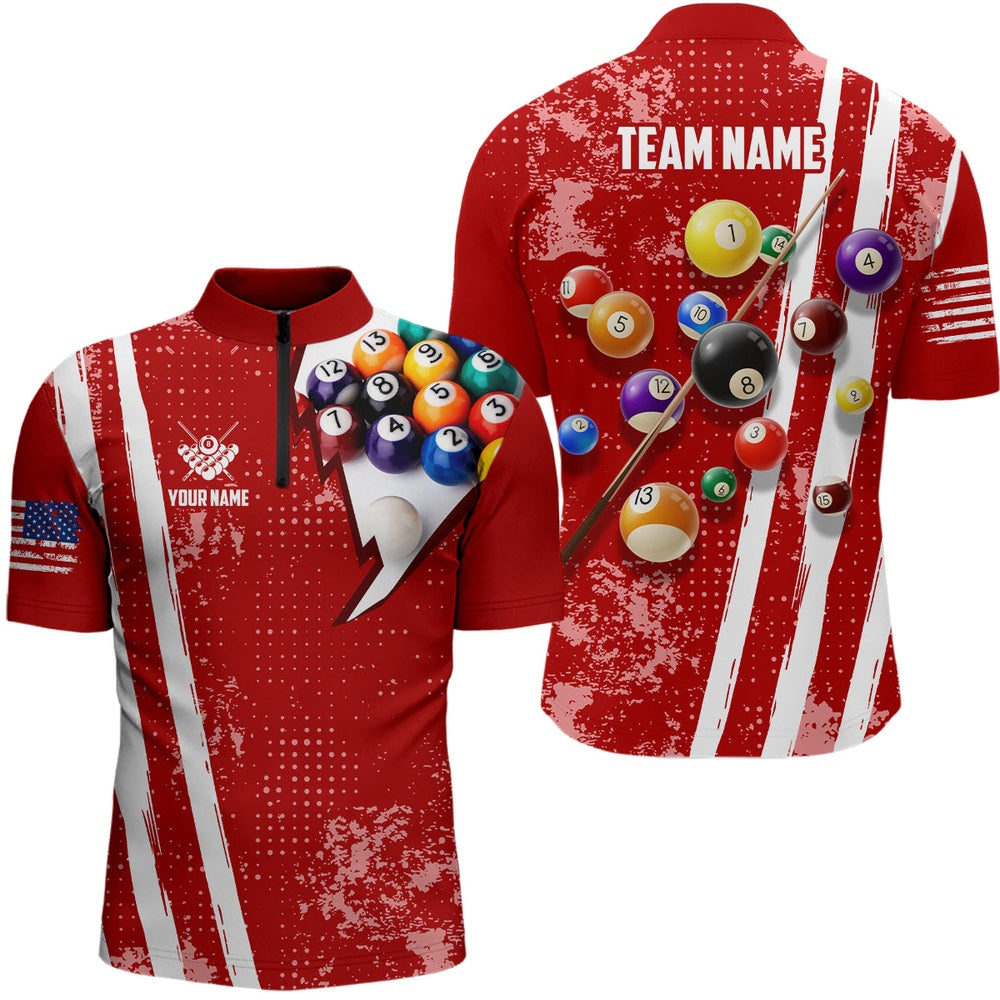 Billiard Polo Shirts, Personalized 8 Ball Pool Player Red Billiards Polo Shirts, US Flag Billiard Jerseys, Billiards Team Shirts