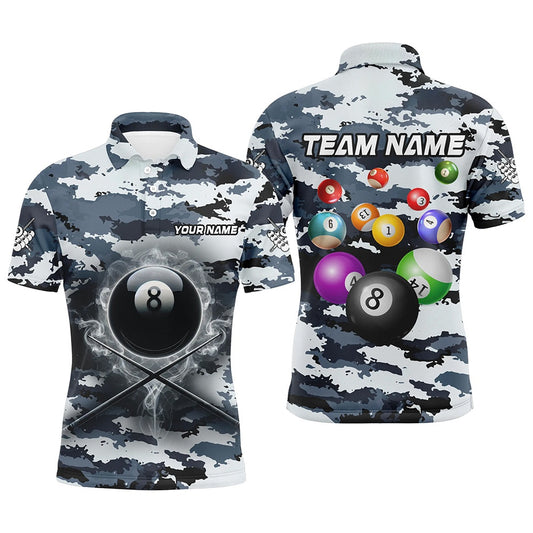 Billiard Polo Shirts, Personalized 8 Ball Pool Smoke Billiard Shirts Custom Camo Billiard Balls Team Jerseys, Billiards Team Shirts