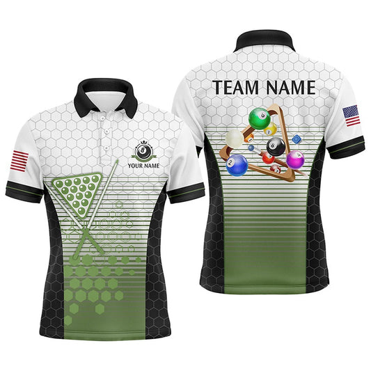 Billiard Polo Shirts, Personalized 8 Ball Pool US Flag Billiard Green Polo Shirts, Custom Billiard Balls Jerseys, Billiards Team Shirts