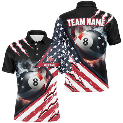 Billiard Polo Shirts, Personalized 8 Ball Pool US Flag Smoke Billiard Shirts, Patriotic Billiard Jerseys Attire, Billiards Team Shirts