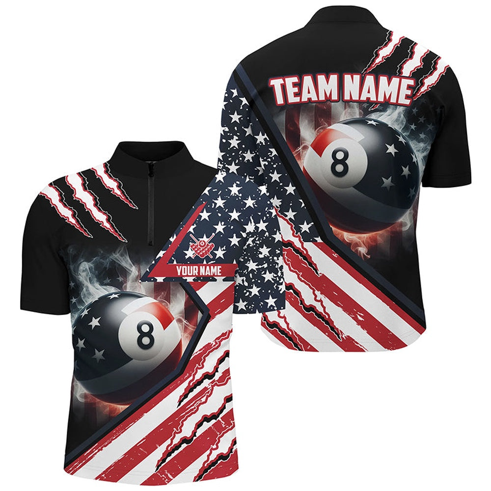 Billiard Polo Shirts, Personalized 8 Ball Pool US Flag Smoke Billiard Shirts, Patriotic Billiard Jerseys Attire, Billiards Team Shirts