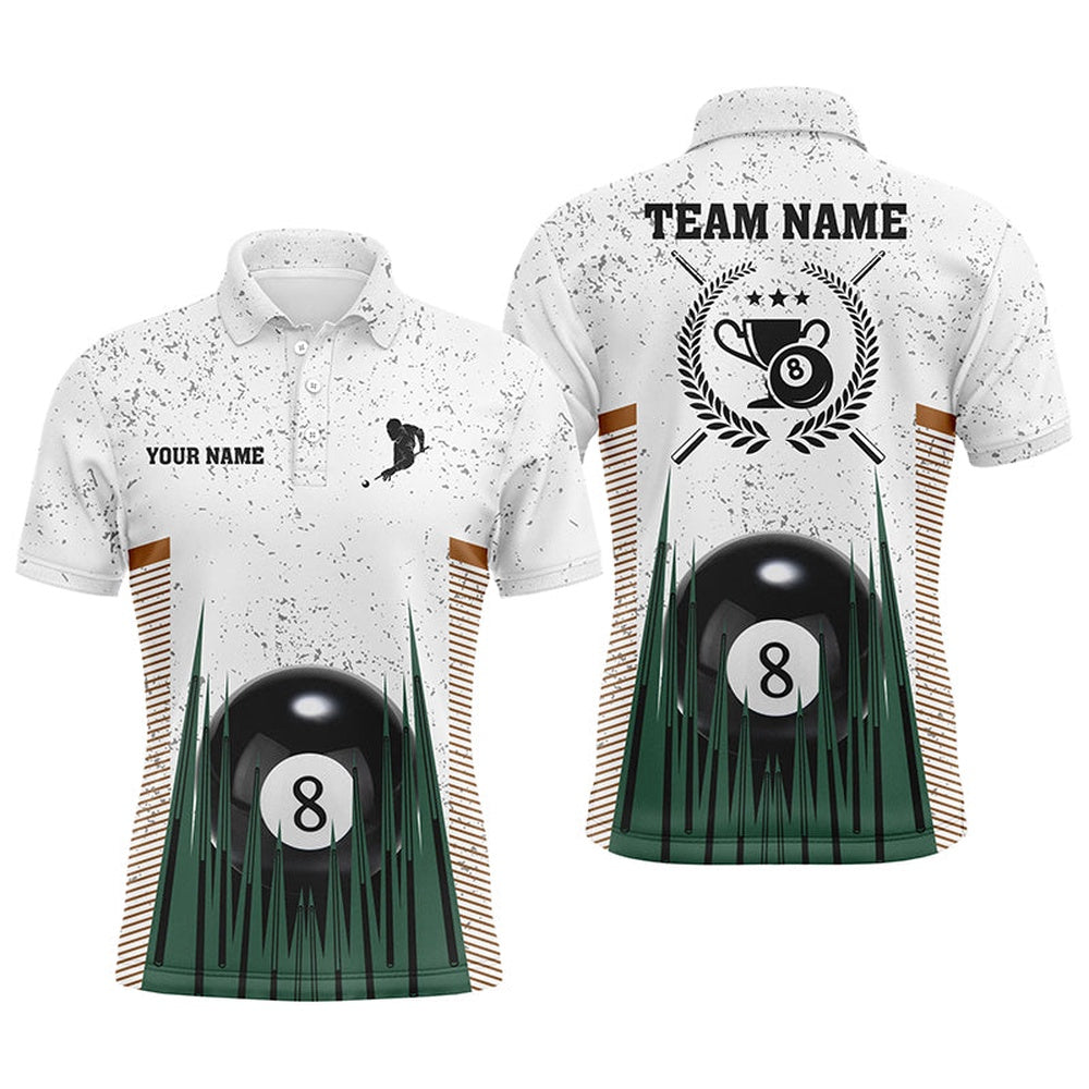 Billiard Polo Shirts, Personalized 8 Ball Pool White Grunge Polo Shirts, 8 Ball Trophy Emblem Billiard Jerseys, Billiards Team Shirts
