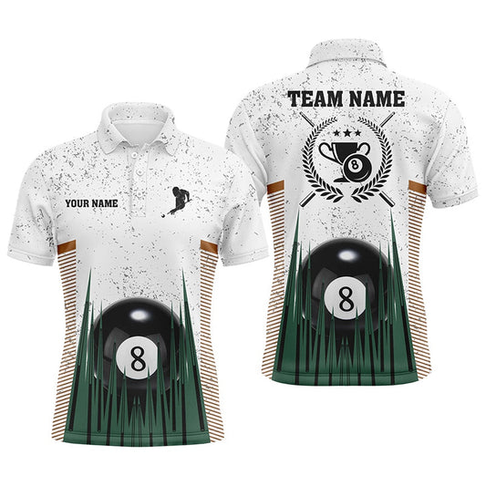 Billiard Polo Shirts, Personalized 8 Ball Pool White Grunge Polo Shirts, 8 Ball Trophy Emblem Billiard Jerseys, Billiards Team Shirts