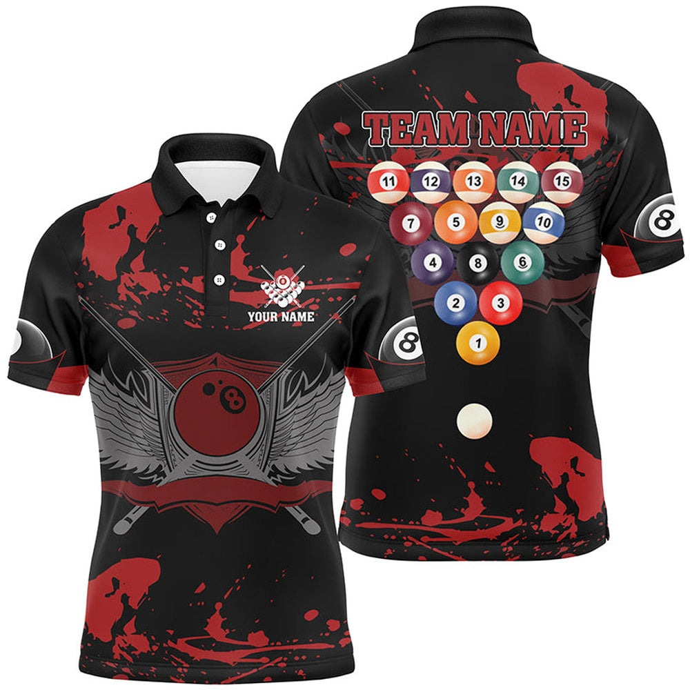 Billiard Polo Shirts, Personalized 8 Ball With Wings Billiard Red Black 3D Polo Shirts, Custom Billiards Jerseys, Billiards Team Shirts