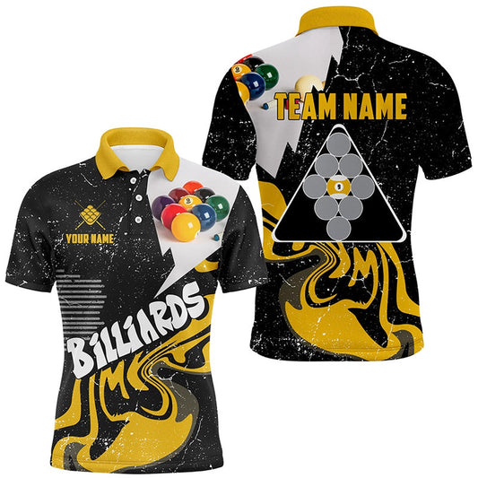 Billiard Polo Shirts, Personalized 9 Ball Billiard Shirts Custom Grunge Yellow Black 9 Ball Pool Jerseys, Billiards Team Shirts
