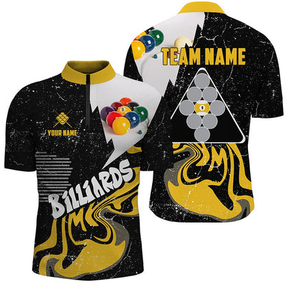 Billiard Polo Shirts, Personalized 9 Ball Billiard Shirts Custom Grunge Yellow Black 9 Ball Pool Jerseys, Billiards Team Shirts