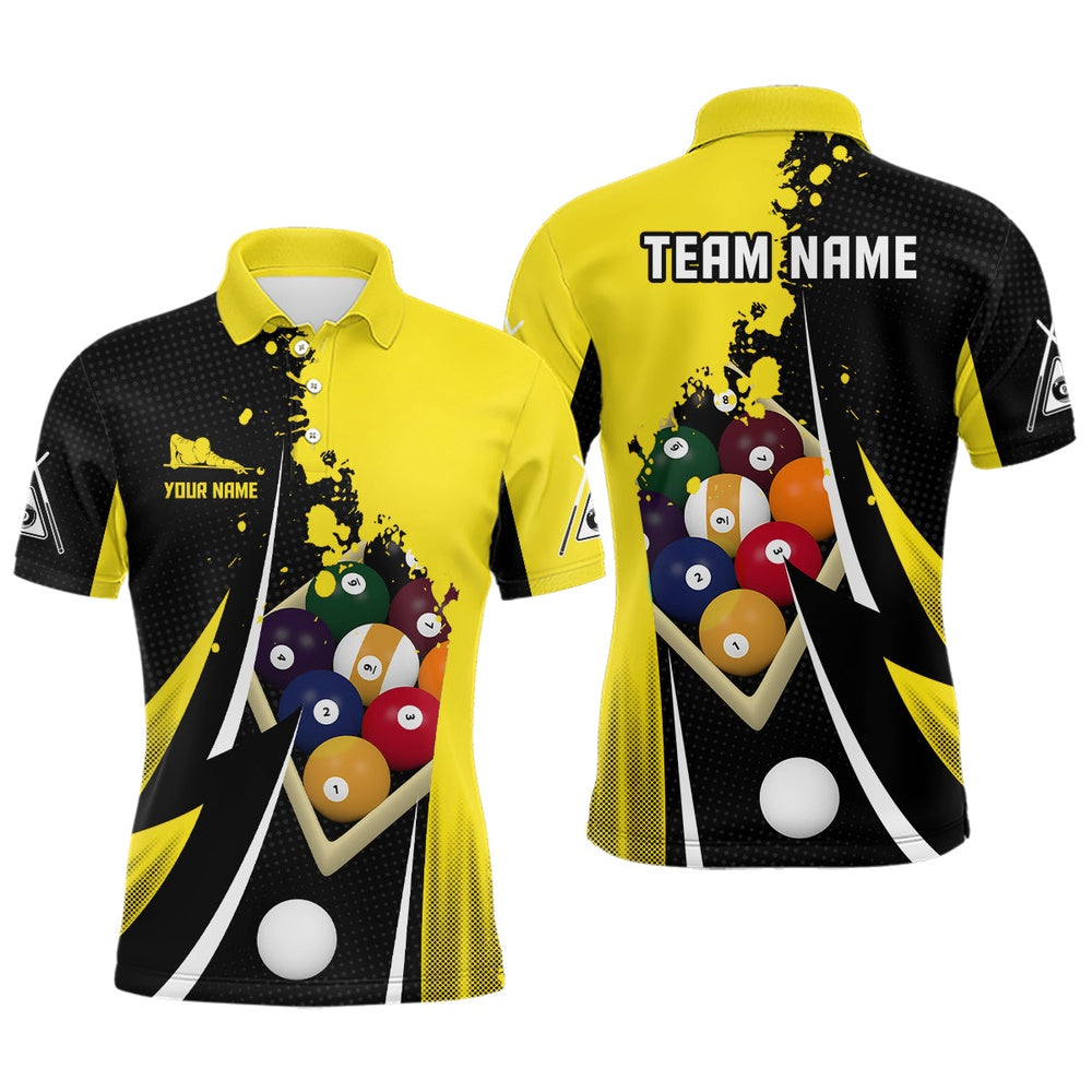 Billiard Polo Shirts, Personalized 9 Ball Pool Billiard Balls 3D Black Yellow Polo Shirts, 9 Ball Billiard Shirts, Billiards Team Shirts