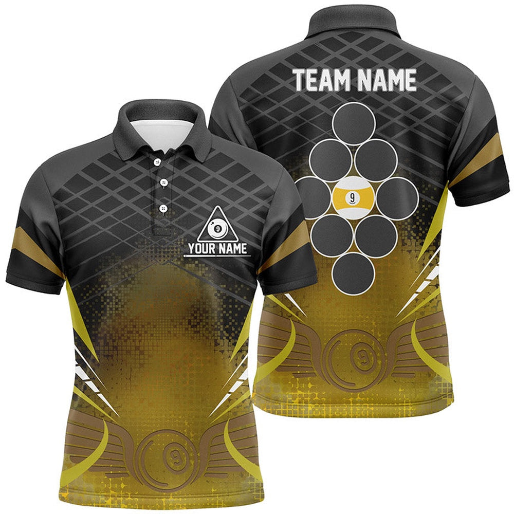 Billiard Polo Shirts, Personalized 9 Ball Pool Billiards Black Yellow 3D Polo Shirts, Billiard Balls Jerseys, Billiards Team Shirts
